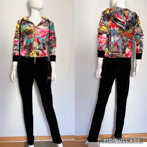 WOMEN VELOUR TRACKSUIT 2P SET JACKET/BLACK PANTS LOUNGEWEAR FLORAL PRINT HOODED‎ - Picture 2 of 12